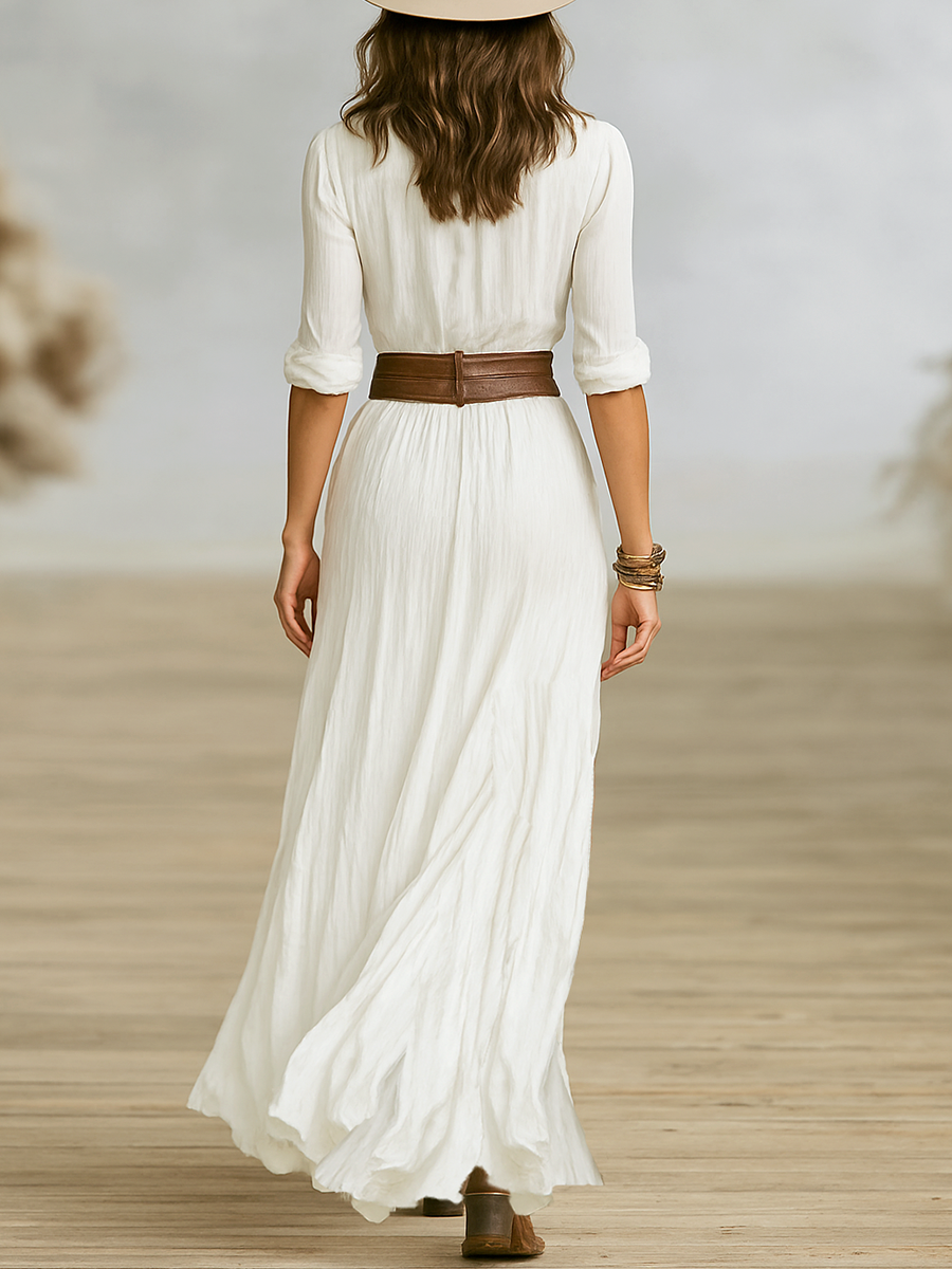Liliane | Pleated Linen-Blend Maxi Dress with Reverse Collar