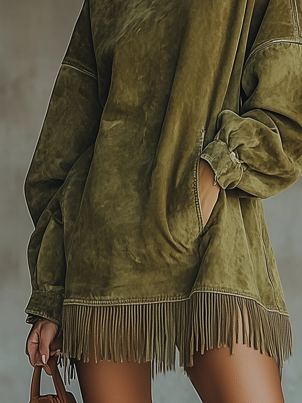 Maëlle | Faux Suede High-Collar Dress with Fringe