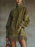 Maëlle | Faux Suede High-Collar Dress with Fringe