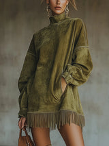 Maëlle | Faux Suede High-Collar Dress with Fringe