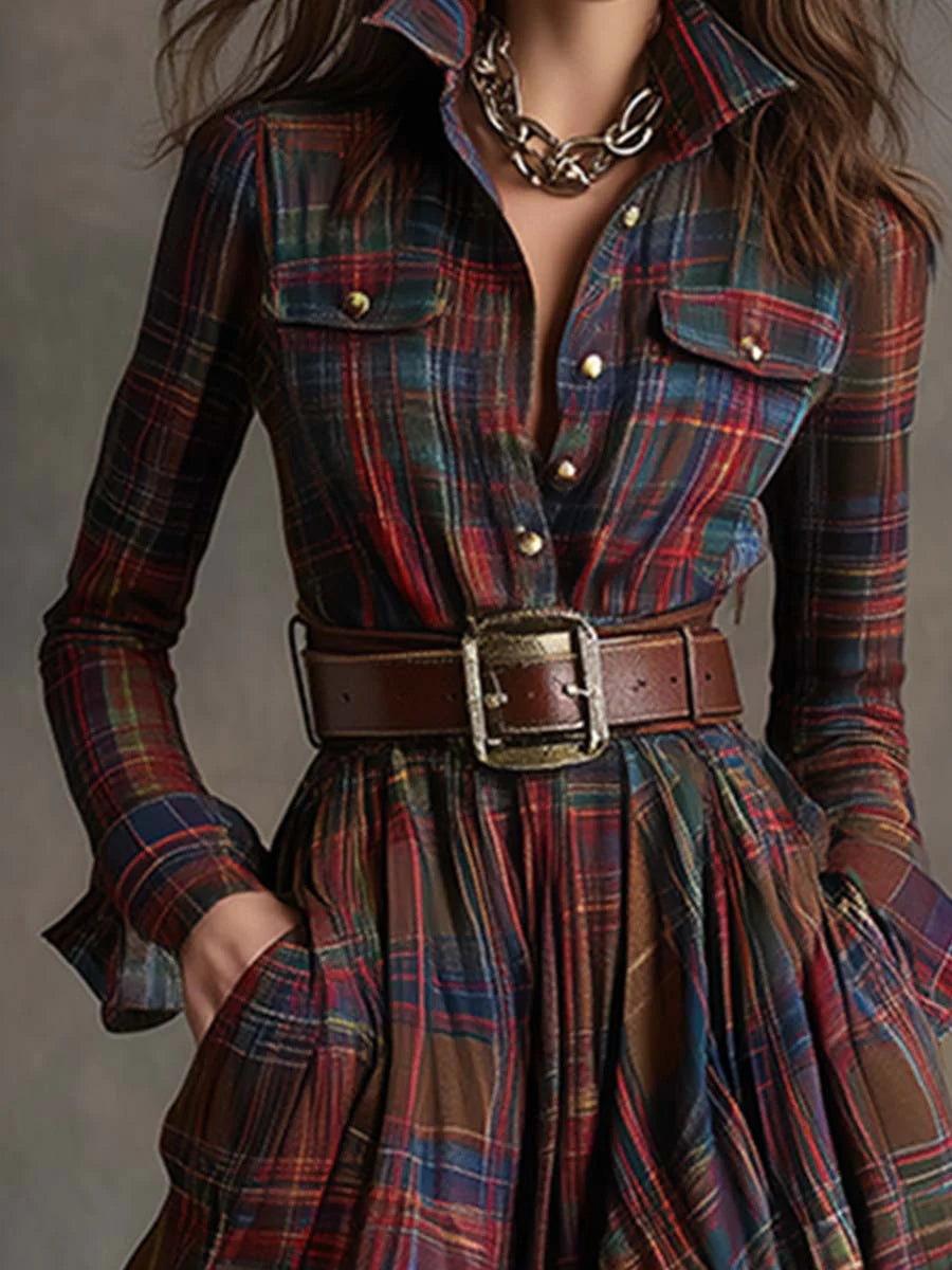 Béatrice | Plaid Maxi Dress with Belt