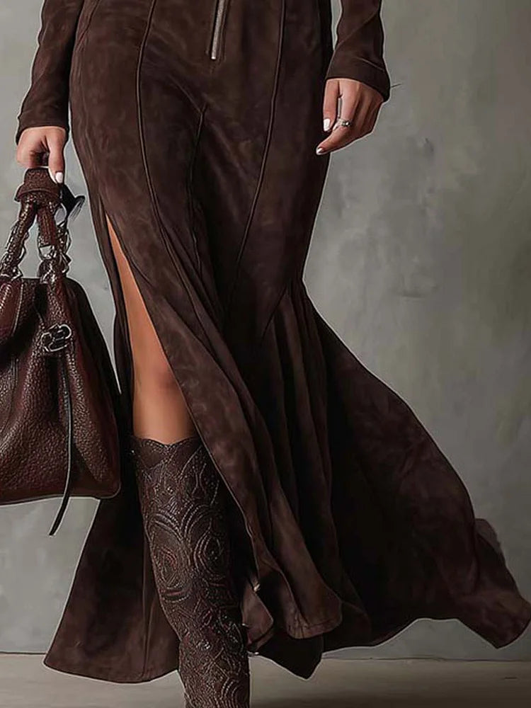 Ysaline | Brown Suede-Effect Maxi Dress with Belt