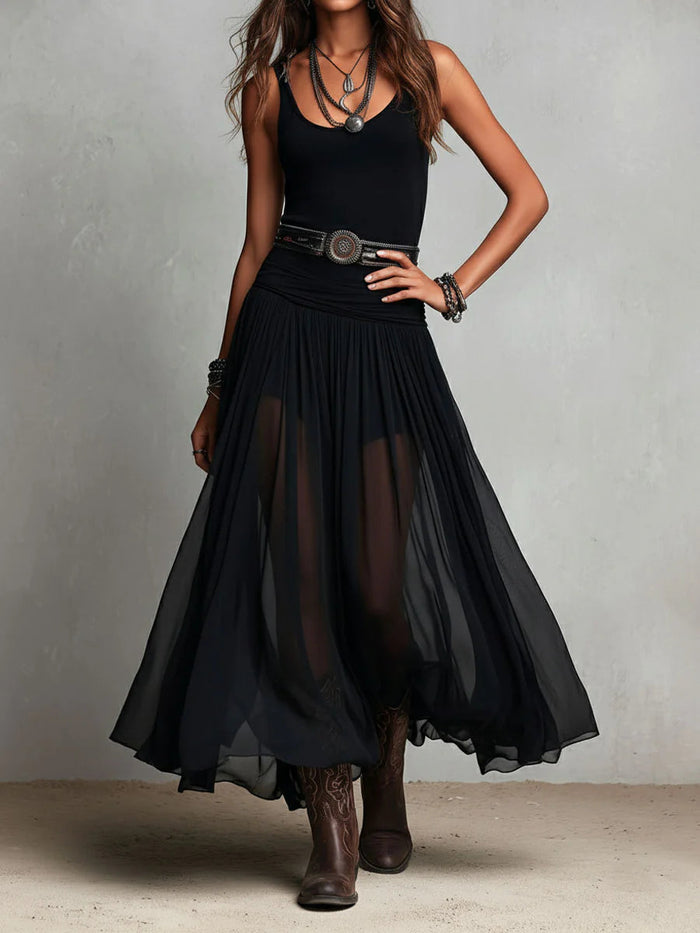 Black Sleeveless Tank Top With Tulle Skirt Maxi Dress