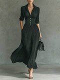 Elvire | Pleated Maxi Dress with Lapel Collar and High Waist