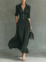 Elvire | Pleated Maxi Dress with Lapel Collar and High Waist