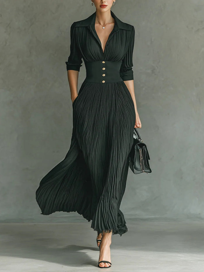 Elvire | Pleated Maxi Dress with Lapel Collar and High Waist