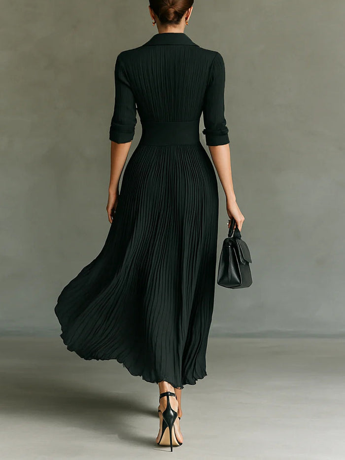 Elvire | Pleated Maxi Dress with Lapel Collar and High Waist