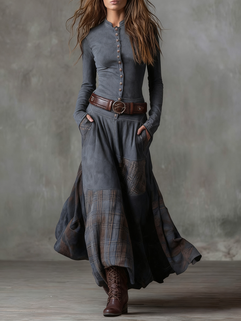 Hortense | Navy Suede-Effect Maxi Dress with Belt