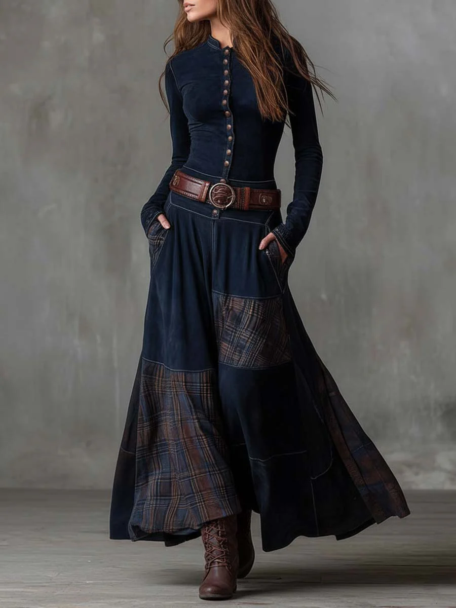 Hortense | Navy Suede-Effect Maxi Dress with Belt