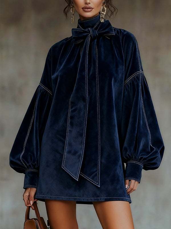 Solène | Navy Velvet Mini Dress with Bow