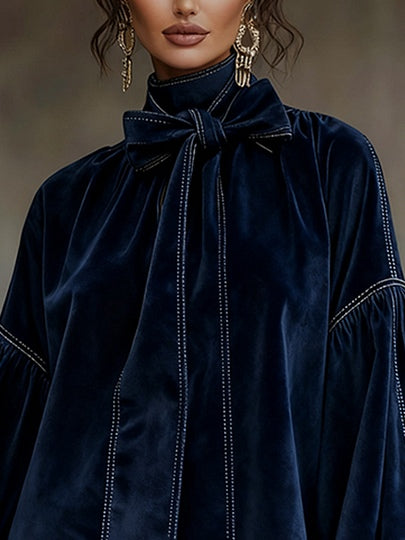 Solène | Navy Velvet Mini Dress with Bow