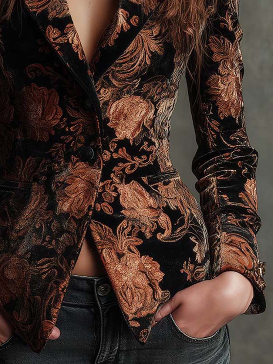 Séraphine | Black &amp; Bronze Floral Tailored Blazer