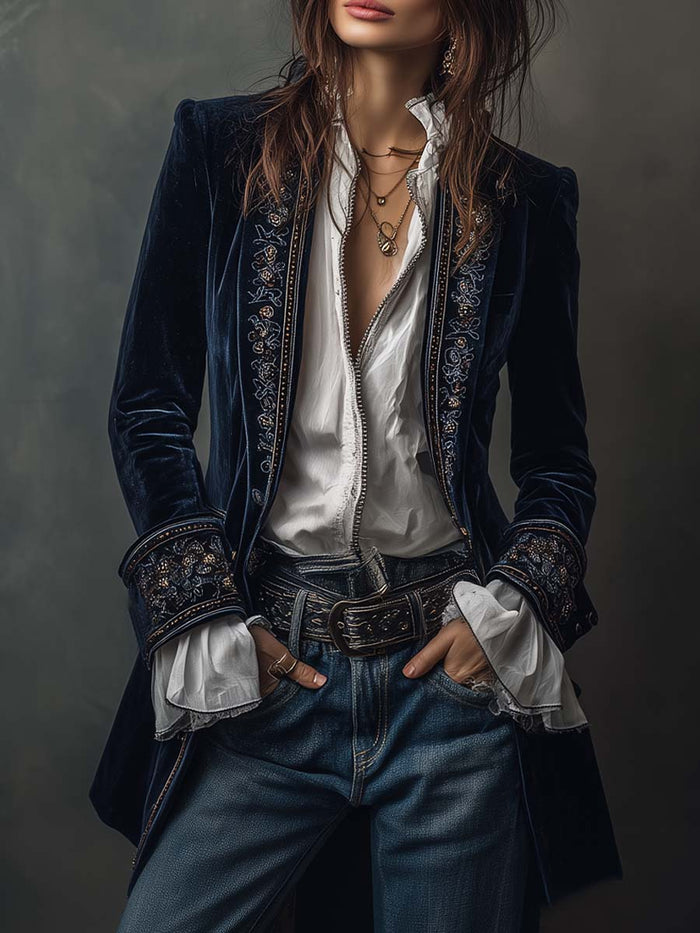 Athénaïs | Long Embroidered Vintage Navy Jacket