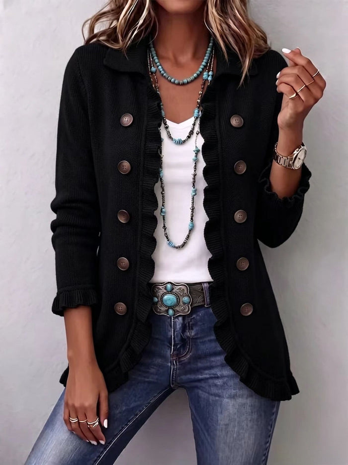 Amara | Jet Black Ribbed Knit Ruffle Jacket