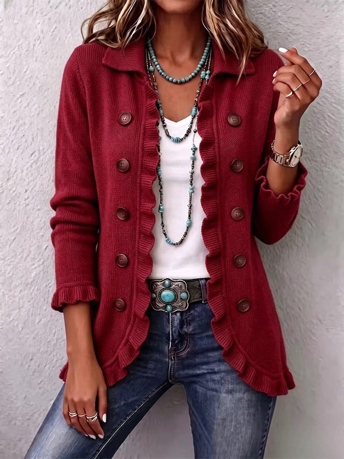 Rosanna | Ruby Red Ribbed Knit Ruffle Jacket