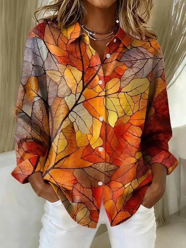 Melrose | Vintage Botanical Print Button Blouse - Autumn Leaf