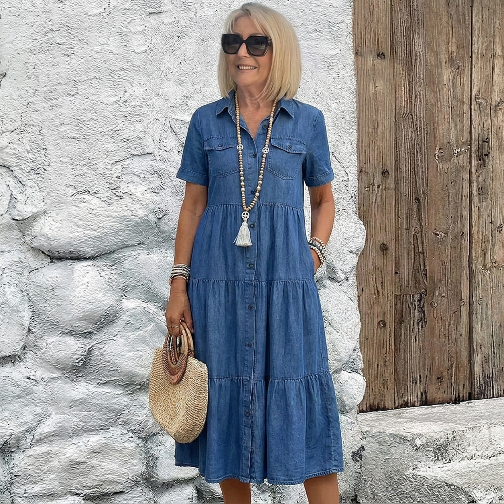 Elizabeth - Denim Print Midi Dress