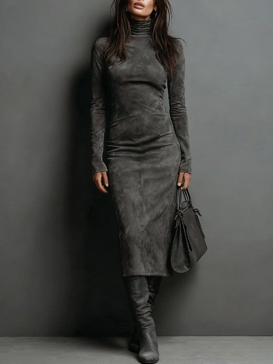Lorène | Brown Midi Dress with High Collar
