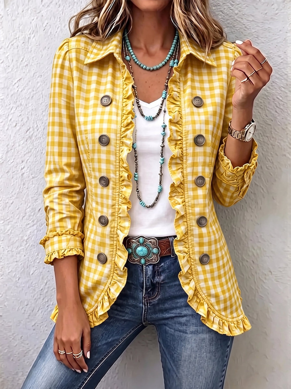 Corinne | Gingham Ruffled Button-Down Jacket
