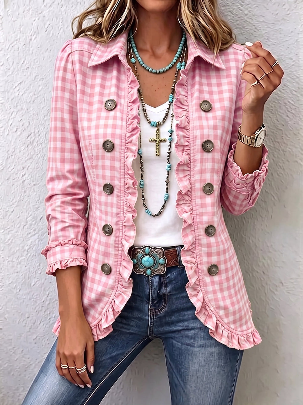 Corinne | Gingham Ruffled Button-Down Jacket