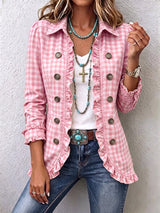 Corinne | Gingham Ruffled Button-Down Jacket