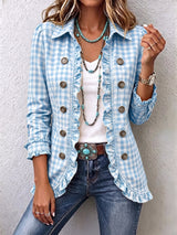 Corinne | Gingham Ruffled Button-Down Jacket