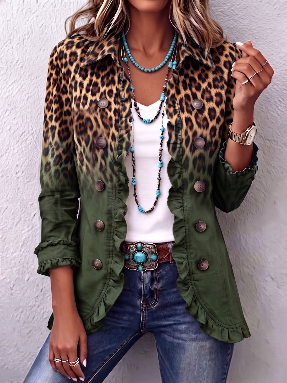 Elara | Leopard Ombré Ruffle Blazer Jacket