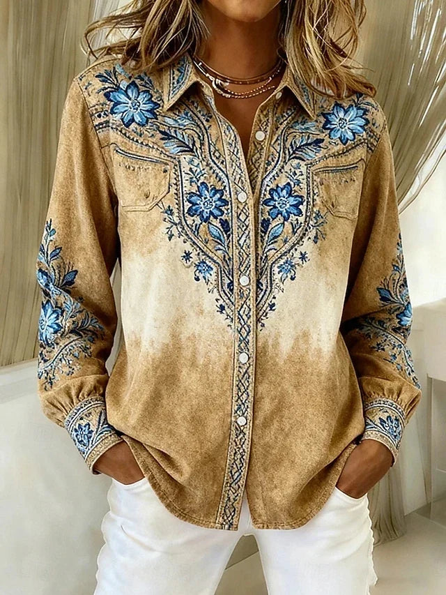 Cassidy | Vintage Western Floral Button Blouse - Blue