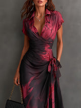 Red Black Abstract Print Wrap Midi Dress
