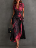 Red Black Abstract Print Wrap Midi Dress